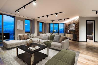 Reception room at The Stage, furniture superimposed for illustrative purposes only, ©Galliard Homes.