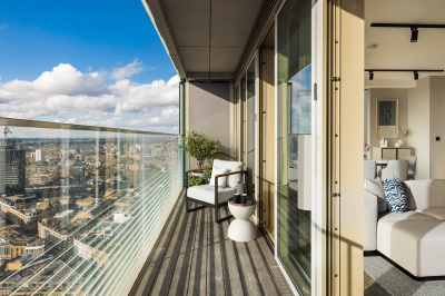 Terrace at a three-bedroom apartment at The Stage, furniture superimposed for illustrative purposes only, ©Galliard Homes.