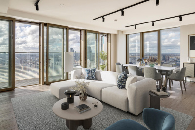 Reception room at a three-bedroom apartment at The Stage, furniture superimposed for illustrative purposes only, ©Galliard Homes.