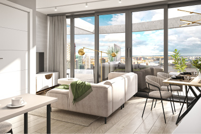 Living area at an Arena Tower duplex apartment, computer generated image for illustrative use only, ©Galliard Homes.