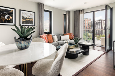 Open-plan living and dining area at an Orchard Wharf apartment, ©Galliard Homes.