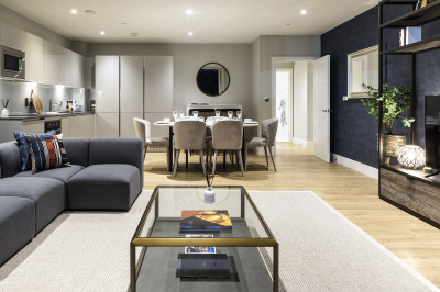 Open-plan kitchen, living and dining area at a Wimbledon Grounds apartment, ©Galliard Homes.
