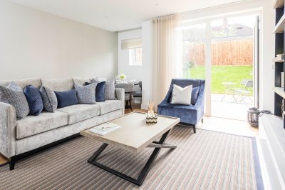 Living room at the Silver Works townhouse show home, ©Galliard Homes. Living room at the Silver Works townhouse show home, ©Galliard Homes.