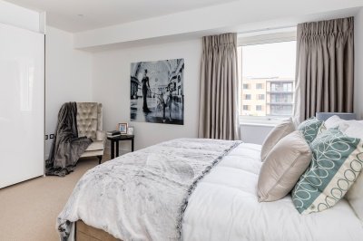 Master bedroom at the Silver Works townhouse show home, ©Galliard Homes. Master bedroom at the Silver Works townhouse show home, ©Galliard Homes.