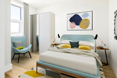 Bedroom area at Rosebery House, computer generated image intended for illustrative purposes only, ©Galliard Homes. Bedroom area at Rosebery House, computer generated image intended for illustrative purposes only, ©Galliard Homes.