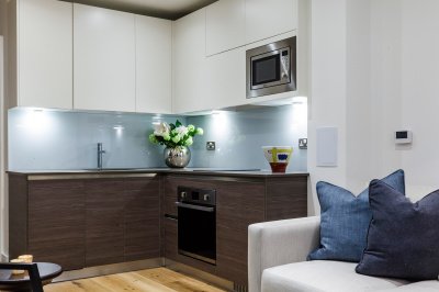 Kitchen area in a Galliard Homes studio apartment, ©Galliard Homes. Kitchen area in a Galliard Homes studio apartment, ©Galliard Homes.
