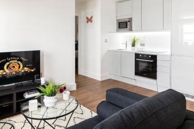 Kitchen and living area at a Galliard Homes apartment, ©Galliard Homes. Kitchen and living area at a Galliard Homes apartment, ©Galliard Homes.