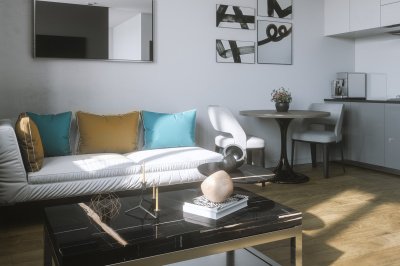 Kitchen and living area in a Galliard Homes apartment, computer generated image intended for illustrative purposes only, ©Galliard Homes. Kitchen and living area in a Galliard Homes apartment, computer generated image intended for illustrative purposes only, ©Galliard Homes.