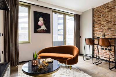 Living room in a studio suite at The Stage, ©Galliard Homes. Living room in a studio suite at The Stage, ©Galliard Homes.