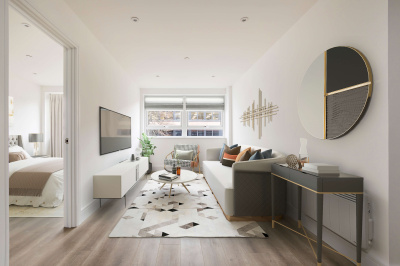 Living area in a Newacre House apartment, computer generated image intended for illustrative use only, ©Galliard Homes. Living area in a Newacre House apartment, computer generated image intended for illustrative use only, ©Galliard Homes.
