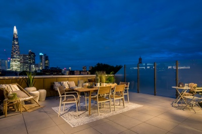 Roof terrace at Trilogy with views of The Shard and City of London, ©Acorn Property Group. Roof terrace at Trilogy with views of The Shard and City of London, ©Acorn Property Group.