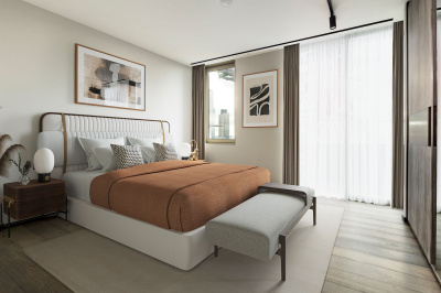 Principal Bedroom at 2411 The Stage, furniture superimposed for illustrative purposes only, ©Galliard Homes.