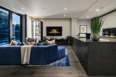Living area at Tottenham Court Road West; computer generated image intended for illustrative purposes only, ©Galliard Homes. Living area at Tottenham Court Road West; computer generated image intended for illustrative purposes only, ©Galliard Homes.