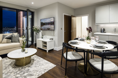 Open-plan kitchen, living and dining area at an Orchard Wharf apartment, ©Galliard Homes.