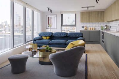 Open-plan kitchen, living and dining area at Tower Bridge Road; computer generated image intended for illustrative purposes only, ©Acorn Property Group. Open-plan kitchen, living and dining area at Tower Bridge Road; computer generated image intended for illustrative purposes only, ©Acorn Property Group.