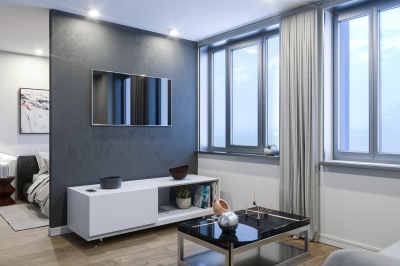 Living and bedroom area at a Craneshaw House studio apartment, ©Galliard Homes. Living and bedroom area at a Craneshaw House studio apartment, ©Galliard Homes.
