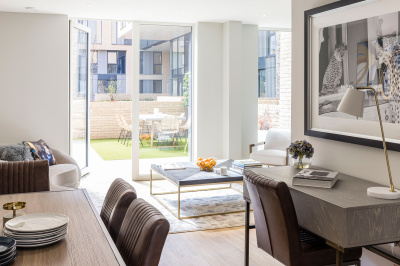 Open-plan living area at the Wimbledon Grounds maisonette show home, overlooking the private garden, ©Galliard Homes.