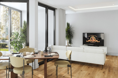 Living and dining area at an Arena Quayside duplex apartment, computer generated image for illustrative use only, ©Galliard Homes.