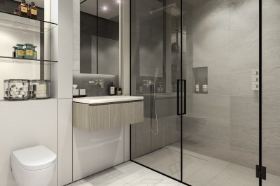Shower room at The Stage, computer generated image intended for illustrative purposes only, ©Galliard Homes. Shower room at The Stage, computer generated image intended for illustrative purposes only, ©Galliard Homes.