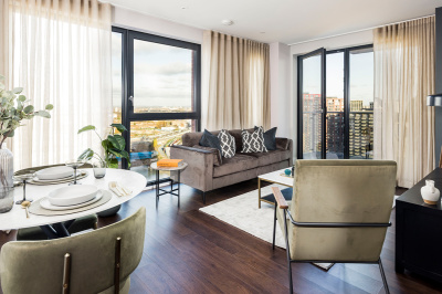 Open-plan living at an Orchard Wharf apartment, ©Galliard Homes.