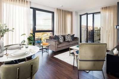 Open-plan living at an Orchard Wharf apartment, ©Galliard Homes. Open-plan living at an Orchard Wharf apartment, ©Galliard Homes.