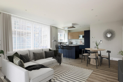 Living, kitchen and dining area in a Park Avenue Place apartment, computer generated image intended for illustrative use only, ©Galliard Homes. Living, kitchen and dining area in a Park Avenue Place apartment, computer generated image intended for illustrative use only, ©Galliard Homes.