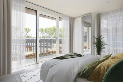 Bedroom with balcony in a Park Avenue Place apartment, computer generated image intended for illustrative use only, ©Galliard Homes. Bedroom with balcony in a Park Avenue Place apartment, computer generated image intended for illustrative use only, ©Galliard Homes.