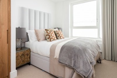 Bedroom in a Galliard Homes apartment, computer generated image intended for illustrative purposes only, ©Galliard Homes. Bedroom in a Galliard Homes apartment, computer generated image intended for illustrative purposes only, ©Galliard Homes.