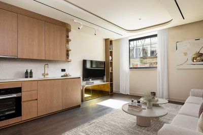 Kitchen and living area at a TCRW SOHO studio apartment, computer generated image intended for illustrative use only, ©Galliard Homes. Kitchen and living area at a TCRW SOHO studio apartment, computer generated image intended for illustrative use only, ©Galliard Homes.