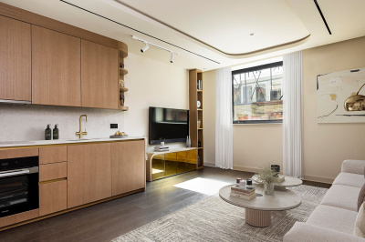 Kitchen and living area at a TCRW SOHO studio apartment, computer generated image intended for illustrative use only, ©Galliard Homes.