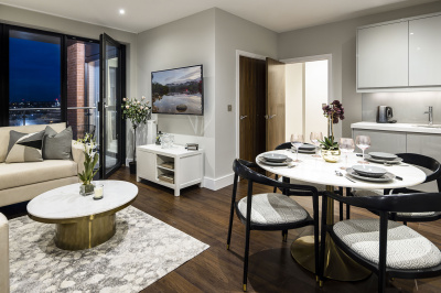 Open-plan kitchen, living and dining area at an Orchard Wharf apartment, ©Galliard Homes. Open-plan kitchen, living and dining area at an Orchard Wharf apartment, ©Galliard Homes.