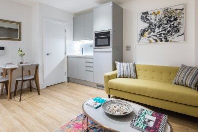 Open-plan kitchen, living and dining area in a typical Galliard apartment, ©Galliard Homes. Open-plan kitchen, living and dining area in a typical Galliard apartment, ©Galliard Homes.