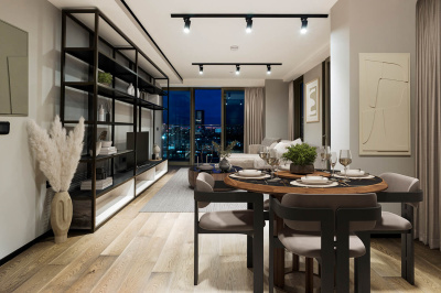 Living and dining room at Apartment 1412 The Stage, furniture superimposed for illustrative purposes only, ©Galliard Homes. Living and dining room at Apartment 1412 The Stage, furniture superimposed for illustrative purposes only, ©Galliard Homes.