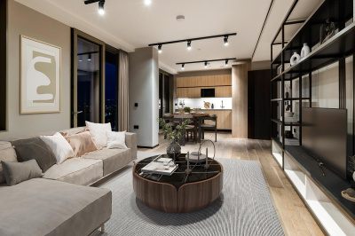 Open-plan living / dining room and kitchen at Apartment 1412 The Stage, furniture superimposed for illustrative purposes only, ©Galliard Homes. Open-plan living / dining room and kitchen at Apartment 1412 The Stage, furniture superimposed for illustrative purposes only, ©Galliard Homes.