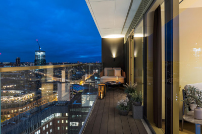 Terrace with actual view from Apartment 1412 The Stage, furniture superimposed for illustrative purposes only, ©Galliard Homes. Terrace with actual view from Apartment 1412 The Stage, furniture superimposed for illustrative purposes only, ©Galliard Homes.