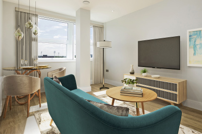 Living area at Rosebery House, computer generated image intended for illustrative purposes only, ©Galliard Homes. Living area at Rosebery House, computer generated image intended for illustrative purposes only, ©Galliard Homes.
