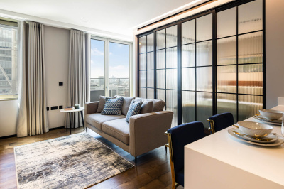Open-plan living room of a one-bedroom apartment at The Stage, ©Galliard Homes. Open-plan living room of a one-bedroom apartment at The Stage, ©Galliard Homes.