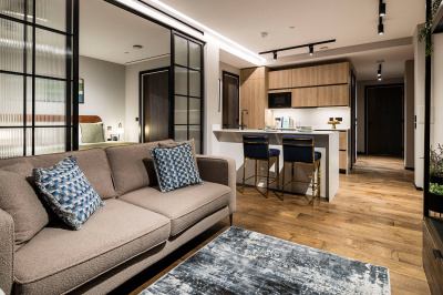 Open-plan living room of a one-bedroom apartment at The Stage, ©Galliard Homes. Open-plan living room of a one-bedroom apartment at The Stage, ©Galliard Homes.