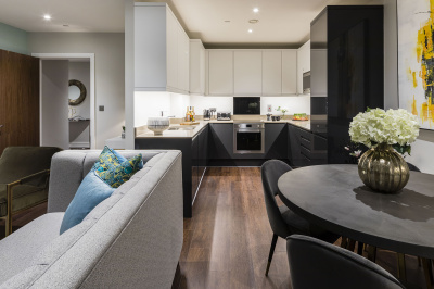Open-plan living, kitchen and dining area at a Citypark Living apartment, ©Galliard Homes. Open-plan living, kitchen and dining area at a Citypark Living apartment, ©Galliard Homes.