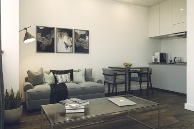 Living area at a Craneshaw House apartment, ©Galliard Homes. Living area at a Craneshaw House apartment, ©Galliard Homes.