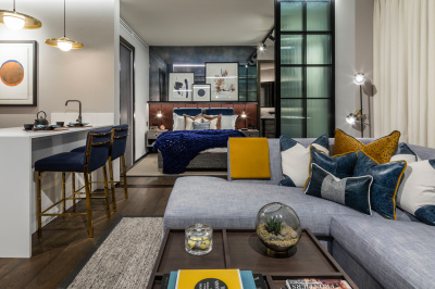Open-plan kitchen, living and dining area at The Stage; image intended for illustrative purposes only, ©Galliard Homes. Open-plan kitchen, living and dining area at The Stage; image intended for illustrative purposes only, ©Galliard Homes.
