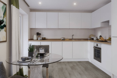 Kitchen and Dining Area at a Belgrave Village apartment, computer generated image intended for illustrative use only, ©Wavensmere Kitchen and Dining Area at a Belgrave Village apartment, computer generated image intended for illustrative use only, ©Wavensmere