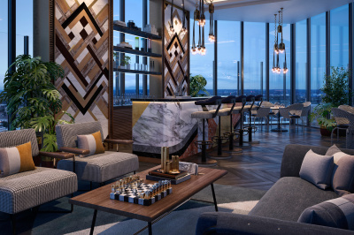 The 32nd level sky lounge and terrace at The Stage; computer generated image intended for illustrative purposes only, ©Galliard Homes.