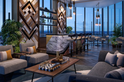 The 32nd level sky lounge and terrace at The Stage; computer generated image intended for illustrative purposes only, ©Galliard Homes. The 32nd level sky lounge and terrace at The Stage; computer generated image intended for illustrative purposes only, ©Galliard Homes.