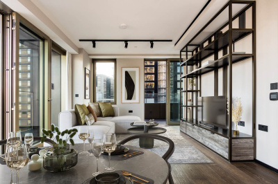 Living and dining room at a two-bedroom apartment at The Stage, furniture superimposed for illustrative purposes only, ©Galliard Homes. Living and dining room at a two-bedroom apartment at The Stage, furniture superimposed for illustrative purposes only, ©Galliard Homes.