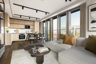 Open-plan living / dining room and kitchen at a two-bedroom apartment at The Stage, furniture superimposed for illustrative purposes only, ©Galliard Homes. Open-plan living / dining room and kitchen at a two-bedroom apartment at The Stage, furniture superimposed for illustrative purposes only, ©Galliard Homes.