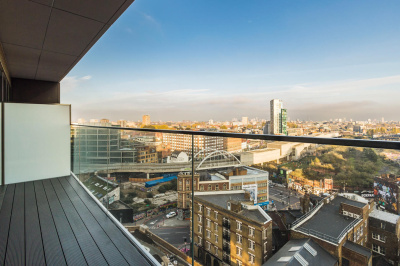 Terrace with view from a two-bedroom apartment at The Stage, ©Galliard Homes. Terrace with view from a two-bedroom apartment at The Stage, ©Galliard Homes.