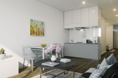 Kitchen and living area at a Craneshaw House studio apartment, computer generated image intended for illustrative purposes only, ©Galliard Homes. Kitchen and living area at a Craneshaw House studio apartment, computer generated image intended for illustrative purposes only, ©Galliard Homes.