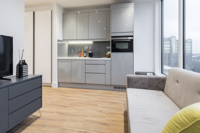Kitchen area at a Westgate House apartment, ©Galliard Homes. Kitchen area at a Westgate House apartment, ©Galliard Homes.