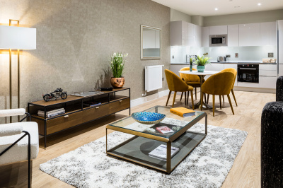 Open-plan kitchen, living area at a Wimbledon Grounds apartment, ©Galliard Homes. Open-plan kitchen, living area at a Wimbledon Grounds apartment, ©Galliard Homes.